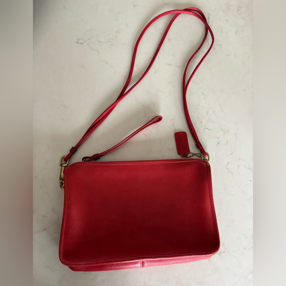 RARE 1970s COACH Made in NYC Red Leather Crossbody Wristlet Bag Vintage